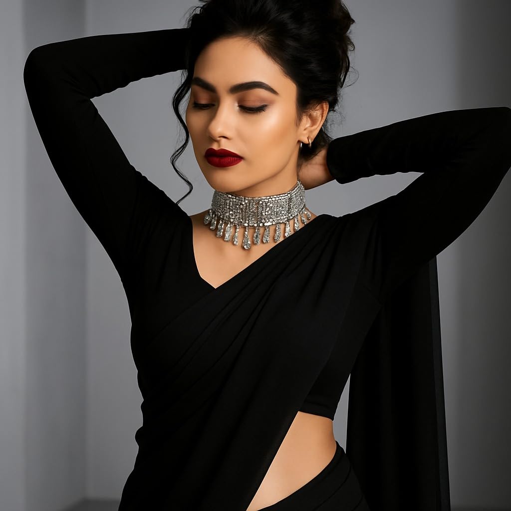 SHREE SHYAM ENTERPRISE Premium Georgette Saree for Women | Plain Saree with Soft Flowing Drape | Comes with Unstitched Blouse Piece (BLACK)