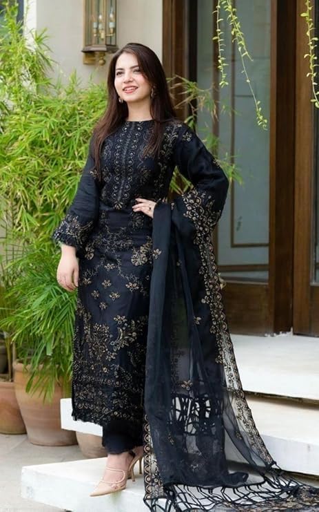ROYALICA Women's Black Embroidered Pakistani Suit Set, 3-Piece Salwar Kameez with Dupatta,Georgette Straight (IN, Alpha, 2XL, Regular, Standard, black)