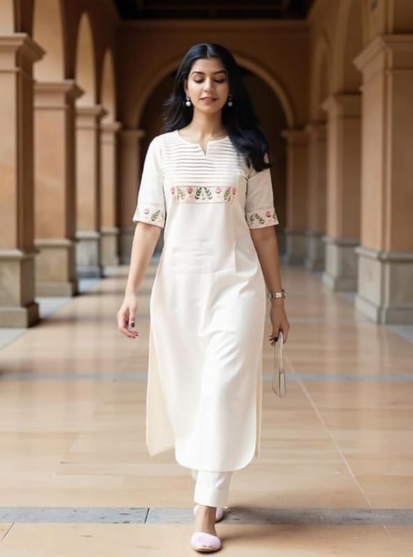 Women Denim Cotton Ethnic Kurta Set | Stylish Kurta with Pant Outfit White