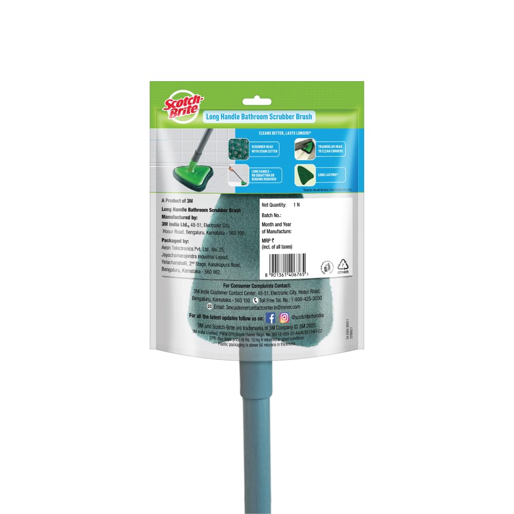 Scotch-Brite Height Adjustable Handle Bathroom Tile Scrubber Brush- Cleans Tiles, Hard to Reach Corners, Floors Without Bending, Tough Stain Removal, 180° Rotating Triangular Head for Easy Cleaning