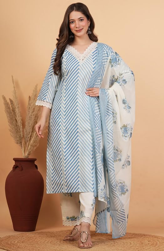 rytras Women's Pure Cotton Printed Straight Kurta Set with Palazzo Pants & Dupatta|Ethnic wear|Kurti Suit Set for Women(TCK724,Blue,XL)