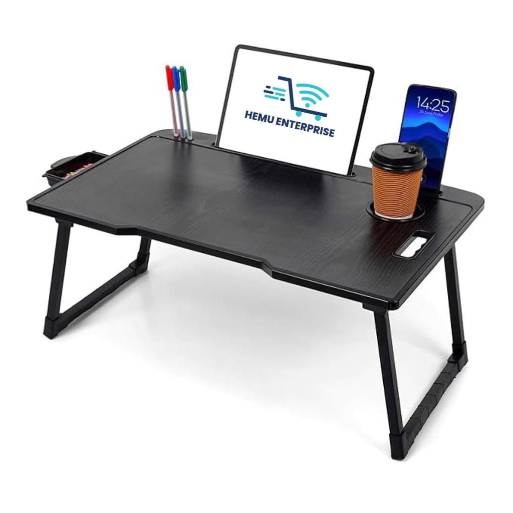 Smart Multipurpose Foldable Laptop Table with Cup Holder, Study Table, Bed Table, Breakfast Table, Foldable and Portable/Ergonomic & Rounded Edges/Non-Slip Legs (Black)