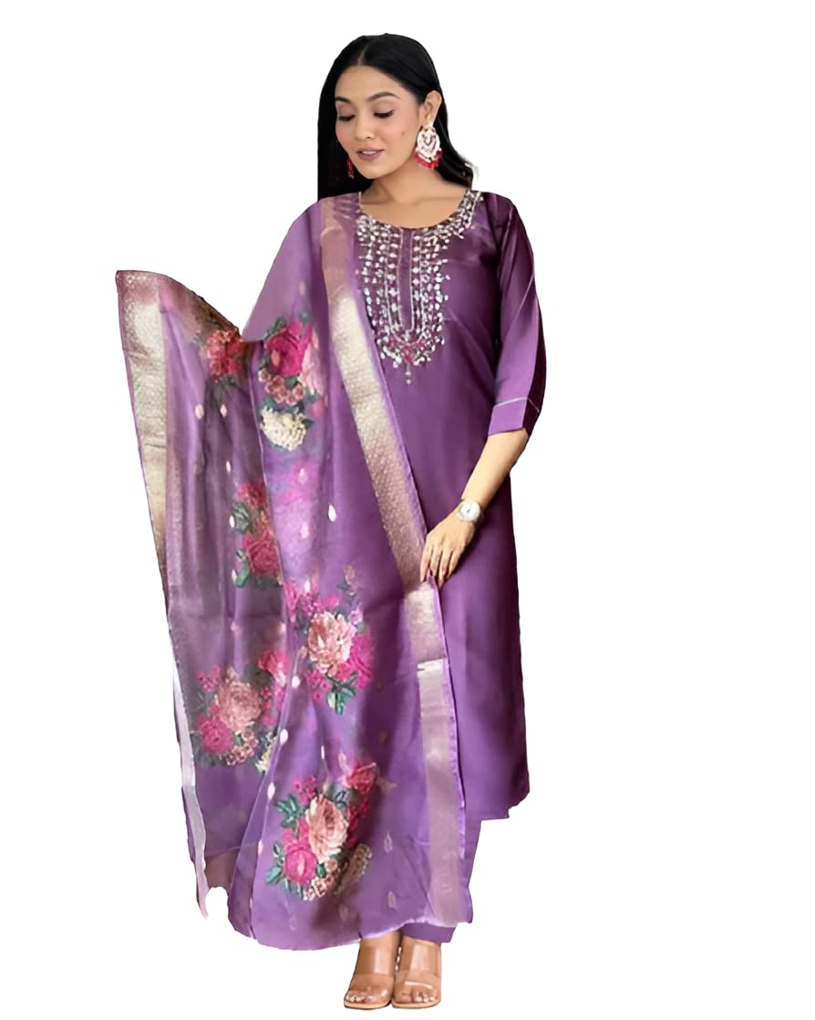 Bovkari Women's Slub Rayon Embroidery Kurta Pant with Floral Print Dupatta (SU P Wine-XL)