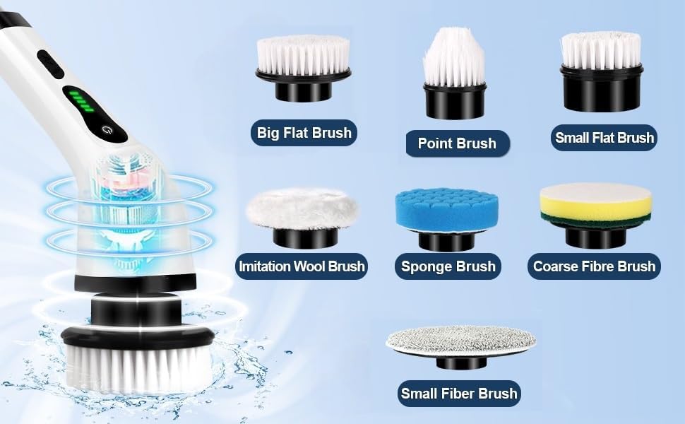 DADLM® 9 in 1 Electric Spin Scrubber,Cleaning Brush Scrubber for Home, 400RPM/Mins-9 Replaceable Brush Heads-90Mins Work Time,Adjustable Size,2 Adjustable Speeds for Bathroom Shower (1)