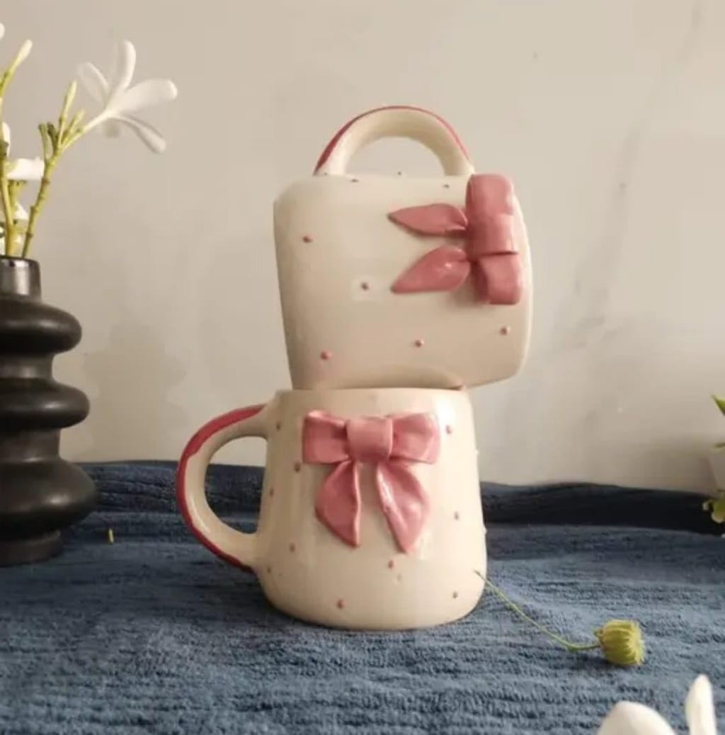 THE INDIAN HOME Cute Pink Bow Ceramic Mug for Coffee Tea Milk | 3D Bow Design Gift Mug for Girls Women Kids | Premium Glazed Polka Dot Finish (1)