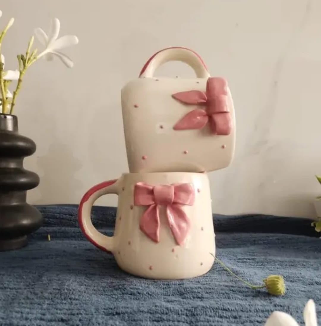 THE INDIAN HOME Cute Pink Bow Ceramic Mug for Coffee Tea Milk | 3D Bow Design Gift Mug for Girls Women Kids | Premium Glazed Polka Dot Finish (1)