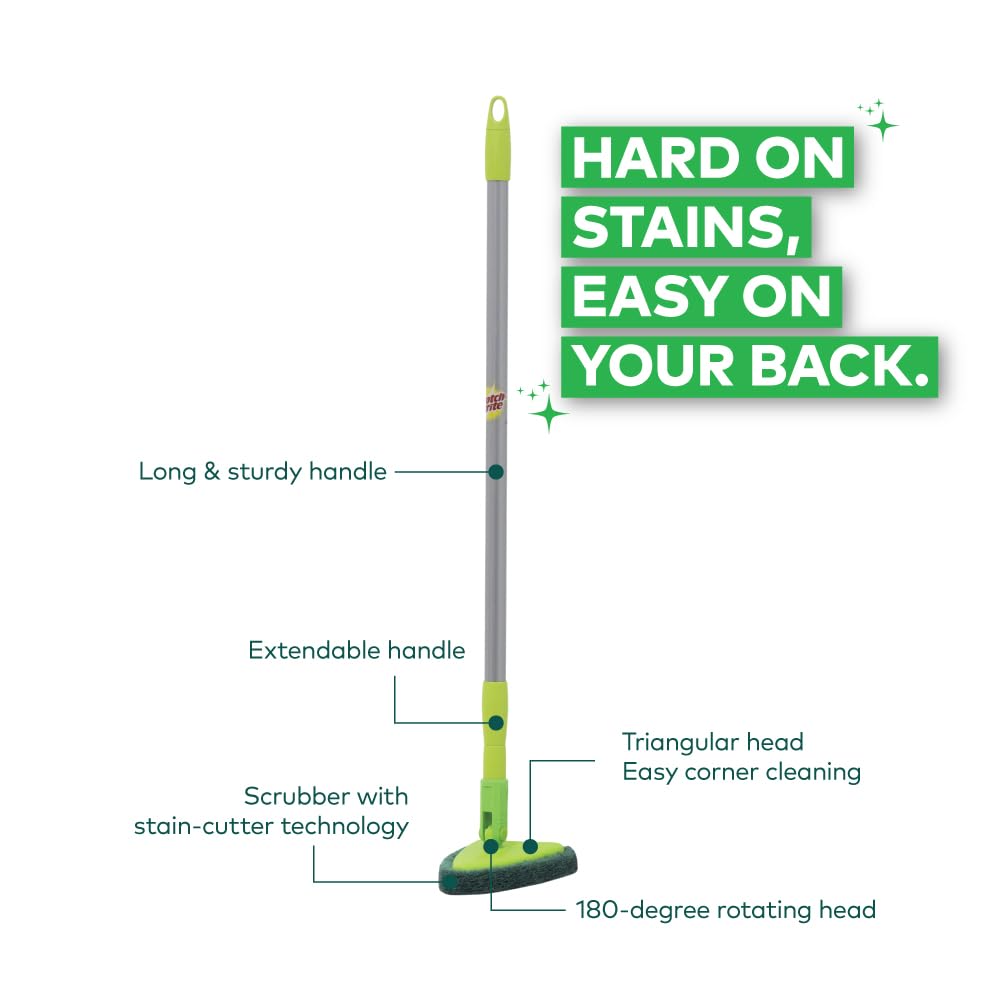 Scotch-Brite Height Adjustable Handle Bathroom Tile Scrubber Brush- Cleans Tiles, Hard to Reach Corners, Floors Without Bending, Tough Stain Removal, 180° Rotating Triangular Head for Easy Cleaning
