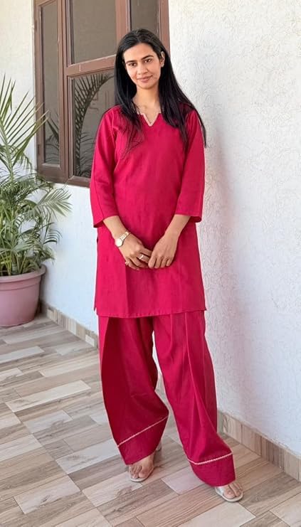 HION HILS Women's Rayon Farshi Salwar Suit with Palazzo Set 3/4 Sleeves Plain Kurti for Girls Pink 2XL
