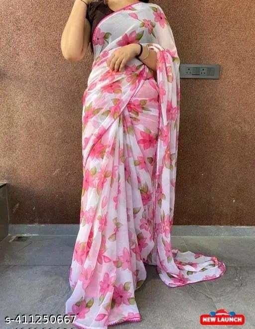 Lightweight Chiffon Saree with Lace BorderPink chiffon flower