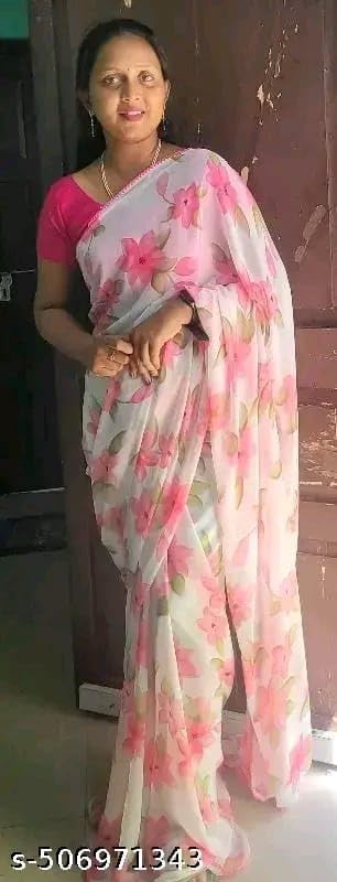Lightweight Chiffon Saree with Lace BorderPink chiffon flower