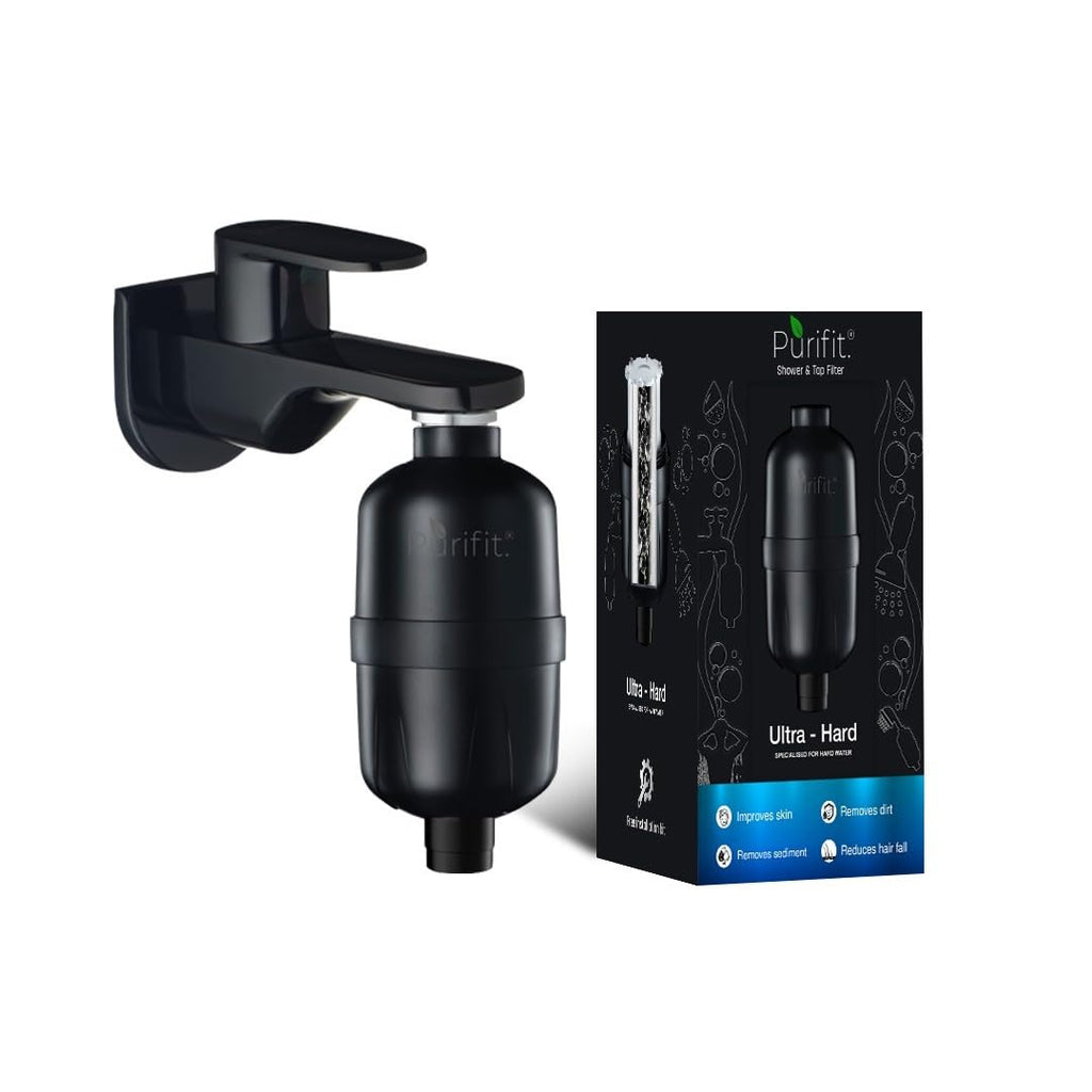 Purifit Ultra Hard Water Filter for Tap and Shower | Water Softener for Bathroom | Reduce Hairfall | Removes Dirt | Matte Black Finish
