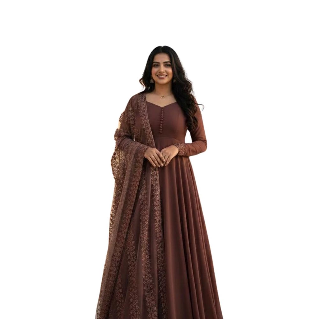 Women Suit Anarkali Set with Dupatta | Long Sleeve Embellished for Wedding Festive | Ethnic Anarkali Women Suit (IN, Alpha, 3XL, Regular, Standard, Brown)