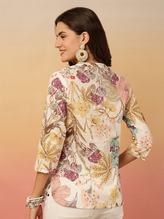 MANHAREE Women's Cotton Floral Printed Tunic Top | Mandarin Collar 3/4 Sleeve Ethnic Short Kurti for Jeans | Casual Summer Wear Floral Top for Women Beige