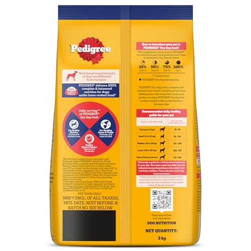 Pedigree Adult Dry Dog Food, Chicken & Vegetables, 3 kg, Contains 37 Essential Nutrients, 100% Complete & Balanced Food for Adult Dogs