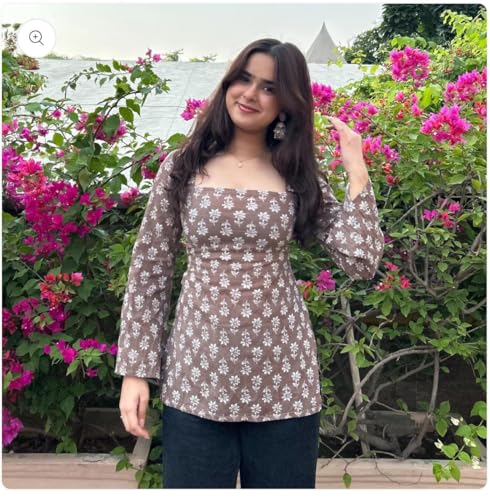 Prajapati fashion Women Rayon Printed Short Kurti | Square Neck | Long Sleeve Design | Casual & Office Wear Top | Comfortable (in, Alpha, M, Regular, Brown)