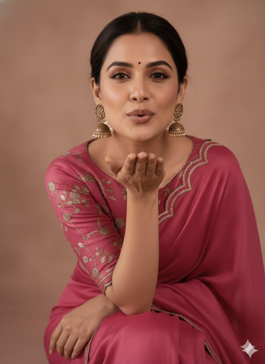 Chinon Silk Saree with Embroidered Blouse, Traditional Georgette Saree, Elephant Embroidery Pattern, V-Neck Design, Free Size, Festival Wear (Pink)