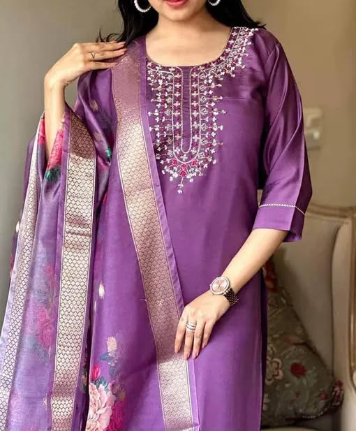 Bovkari Women's Slub Rayon Embroidery Kurta Pant with Floral Print Dupatta (SU P Wine-XL)