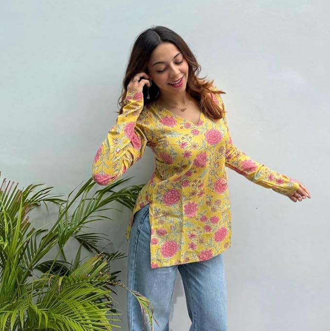 Women's Rayon Floral Printed Short Kurti V Neck Full Sleeves (in, Alpha, XS, Yellow)