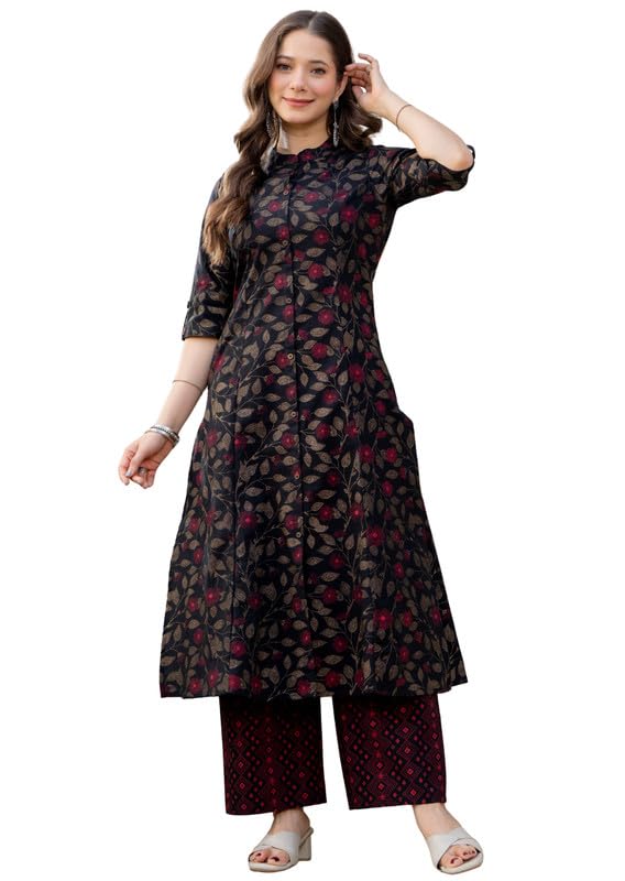 rytras Women's Pure Cotton Printed A-Line Kurta Set with Palazzo Pants|Ethnic wear|Kurta Set for Women(Black,RYT739,L)