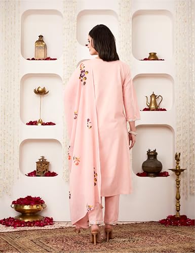 Amazon Brand - Myx Women's Embroidered Cotton Kurta Pant Set with Dupatta (SS25-MYX-SHU-KS-05_Pastel Pink_M)
