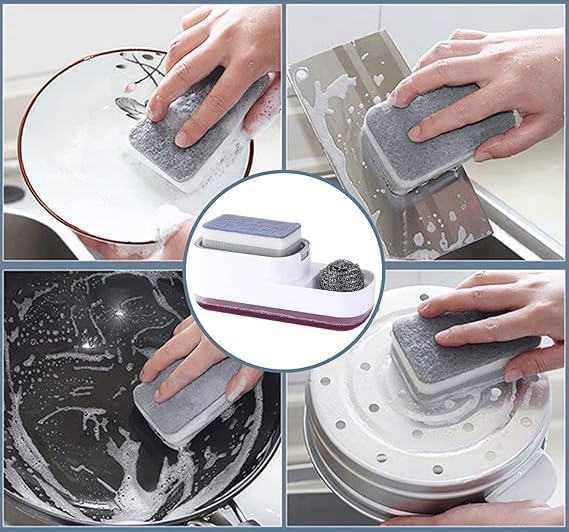 Xmart India 3-in-1 Kitchen Soap Dispenser with Sponge Holder & Hollow Tray Scratch Wire Dish Cloth for Sink & Wash Basin Durable Rustproof Plastic Dish Soap Dispenser Kitchen Accessories for Home