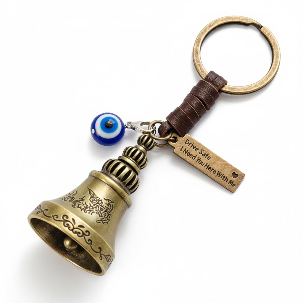 AEROSTARK Guardian Bell For Bike Keychain with Leather Strap & Evil Eye Charm | Drive Safe I Need You Here With Me Tag | Antique Brass Lucky Bell Keyring for Bike Car Scooter | Gift for Men Riders