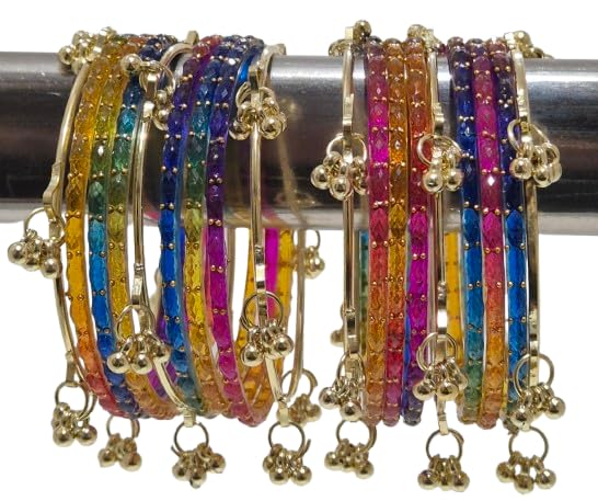 kashmiri ghangharoo glass bangle Set For Women And Girls | Light Weight Bangles | Traditional Transparent Fancy Glass Chudi Set for Wedding, Party (18 Bangles) (MULTI, 2.4)