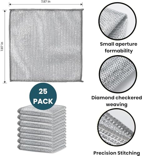 TEKCOOL (25 Pack) Non-Scratch Dish Wash Cloth, Steel Wire Dish Cloth, Wire Dishwashing Rags Stainless Steel Scrubber Non-Scratch Wire Dishcloth for Washing Dishes Sinks Counters