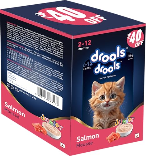Drools Kitten Wet Mousse 80g Pack of 5, 400g | Salmon Flavour | Rich in Protein | Promotes Hydration & Easy to Digest | No Artificial Flavours | Packed with Essential Vitamins & Antioxidants
