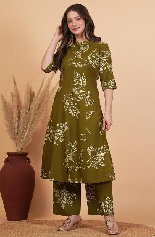 rytras Women's Pure Cotton Printed A-Line Kurta Set with Palazzo Pants|Ethnic wear|Kurta Set for Women(Green,RYT709,XXL)