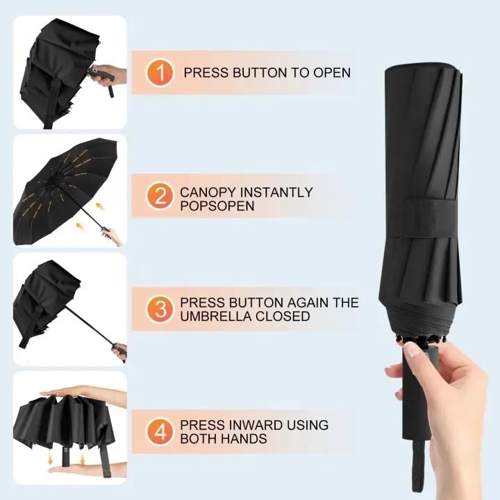 SOUKIO Umbrella, UV Big Size Umbrella for Sun Protection Rain Windproof Strong large 3 fold for men women kids boys girls Perfect small & stylish Windproof & Compact (Black)