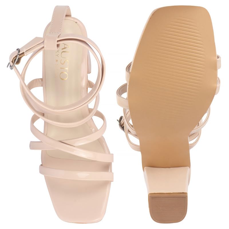 FAUSTO FST FSWC-20002 BEIGE-40 Women Beige Open Toe Quilted Block Heel High Ankle Adjustable Backstrap Slipper Sandals | Soft Padded Insole | Western Outfit Gladiator Sandals (7 UK)