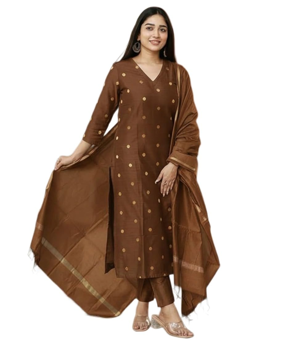 GoSriKi Women's Rayon Viscose Printed Straight Kurta with Pant & Dupatta (SDF BROWN-VKS01-GS_XXL_BROWN_XX-Large)