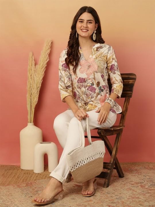 MANHAREE Women's Cotton Floral Printed Tunic Top | Mandarin Collar 3/4 Sleeve Ethnic Short Kurti for Jeans | Casual Summer Wear Floral Top for Women Beige