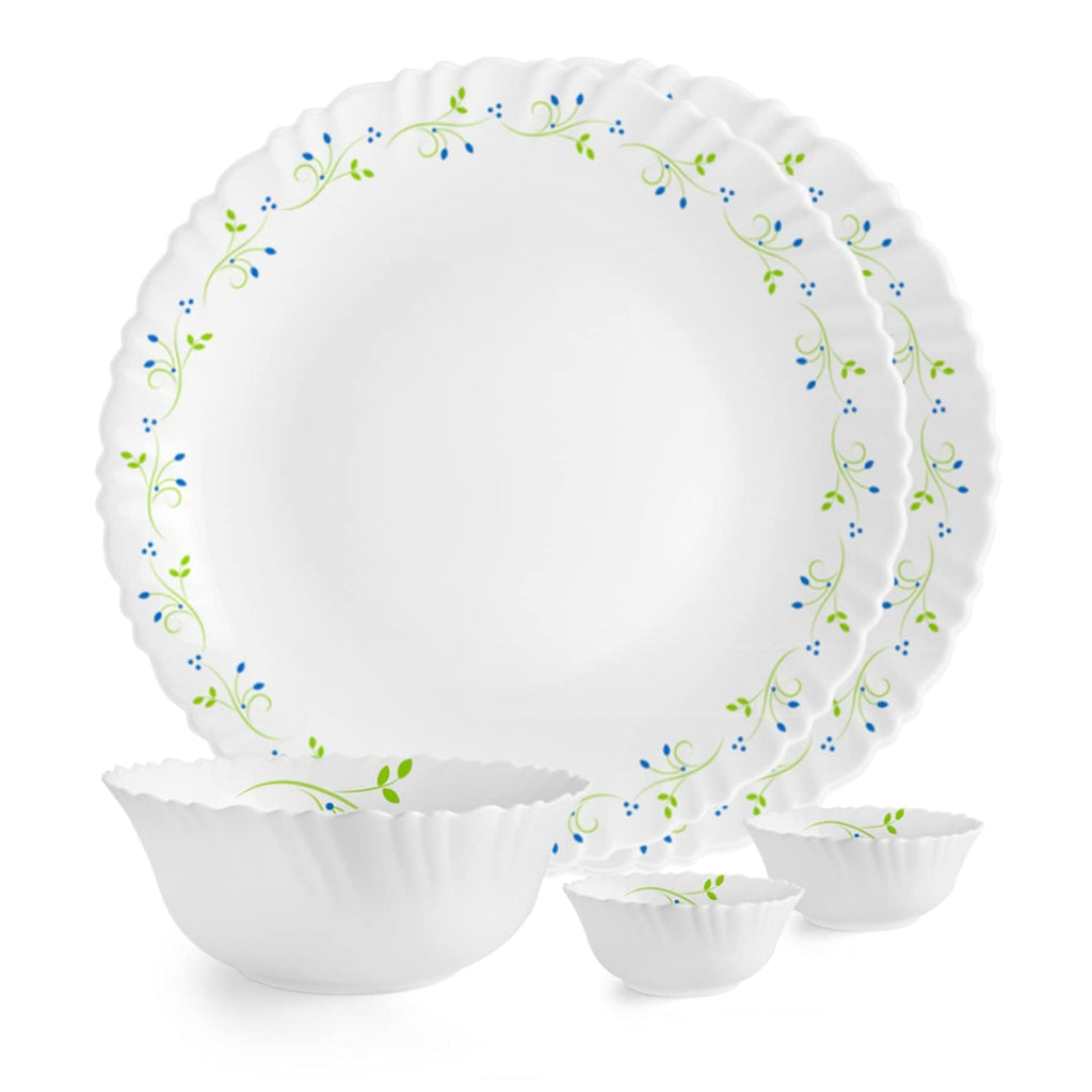 CELLO Tropical Lagoon Dazzle Series Opalware Dinner Set of 5 Pieces for Family of 2 | Bone-Ash Free & Leadfree Opal Glass, Microwave & Dishwasher Safe Plates & Bowls Crockery Set for Dining & Gifting