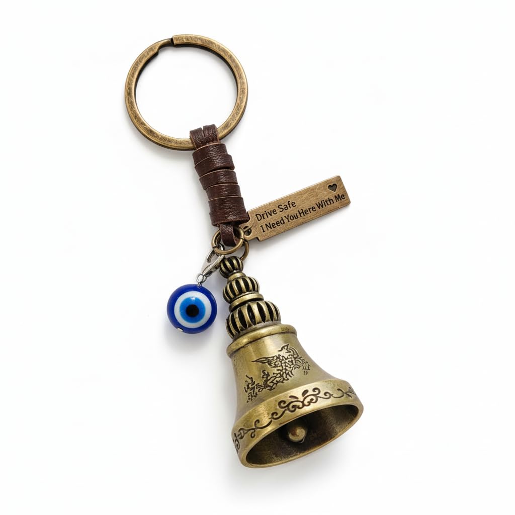 AEROSTARK Guardian Bell For Bike Keychain with Leather Strap & Evil Eye Charm | Drive Safe I Need You Here With Me Tag | Antique Brass Lucky Bell Keyring for Bike Car Scooter | Gift for Men Riders