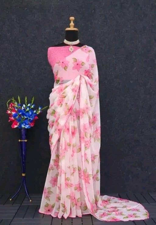 Lightweight Chiffon Saree with Lace BorderPink chiffon flower