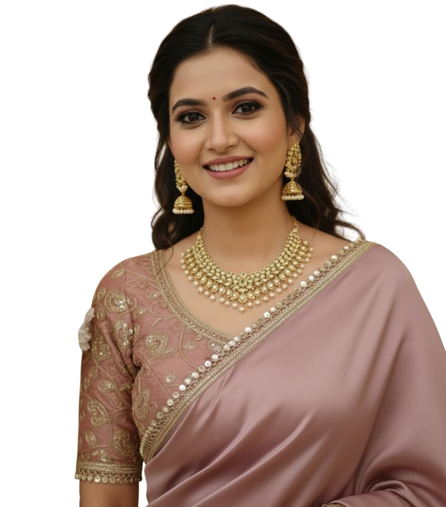 BRAHMSHAKTI Womens Satin Silk Saree With Embroidered Unstitch Blouse piece (Oniun)