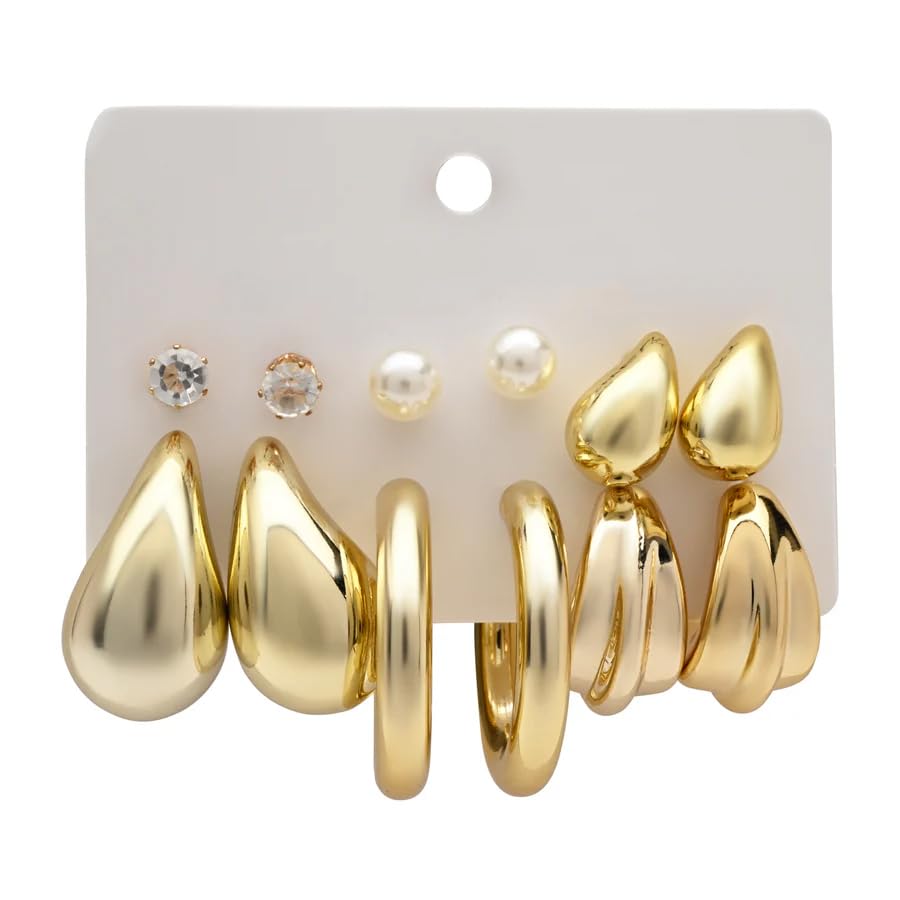 Gold Plated Earrings Set for Women & Girls | Korean Style Studs, Hoops & Drop Earrings Combo | Lightweight Stylish Western Earrings for Daily Use | Pack of 6