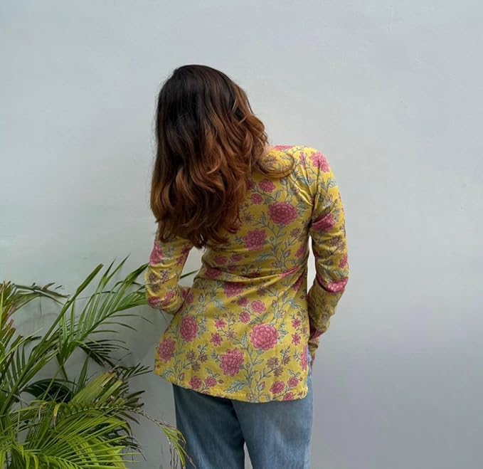 Women's Rayon Floral Printed Short Kurti V Neck Full Sleeves (in, Alpha, XS, Yellow)