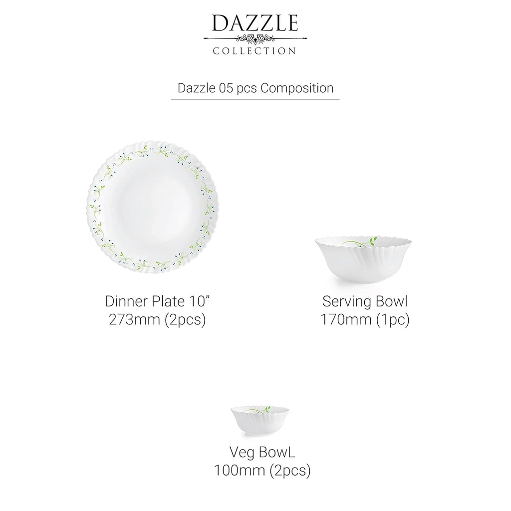 CELLO Tropical Lagoon Dazzle Series Opalware Dinner Set of 5 Pieces for Family of 2 | Bone-Ash Free & Leadfree Opal Glass, Microwave & Dishwasher Safe Plates & Bowls Crockery Set for Dining & Gifting