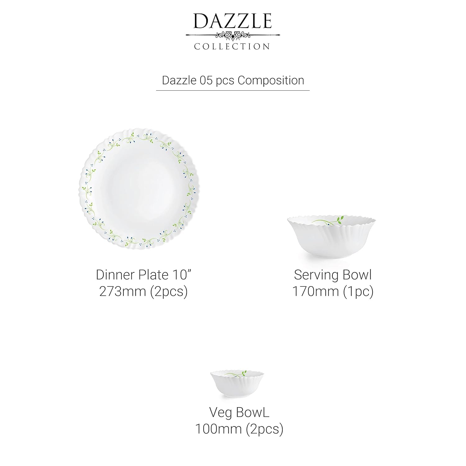 CELLO Tropical Lagoon Dazzle Series Opalware Dinner Set of 5 Pieces for Family of 2 | Bone-Ash Free & Leadfree Opal Glass, Microwave & Dishwasher Safe Plates & Bowls Crockery Set for Dining & Gifting