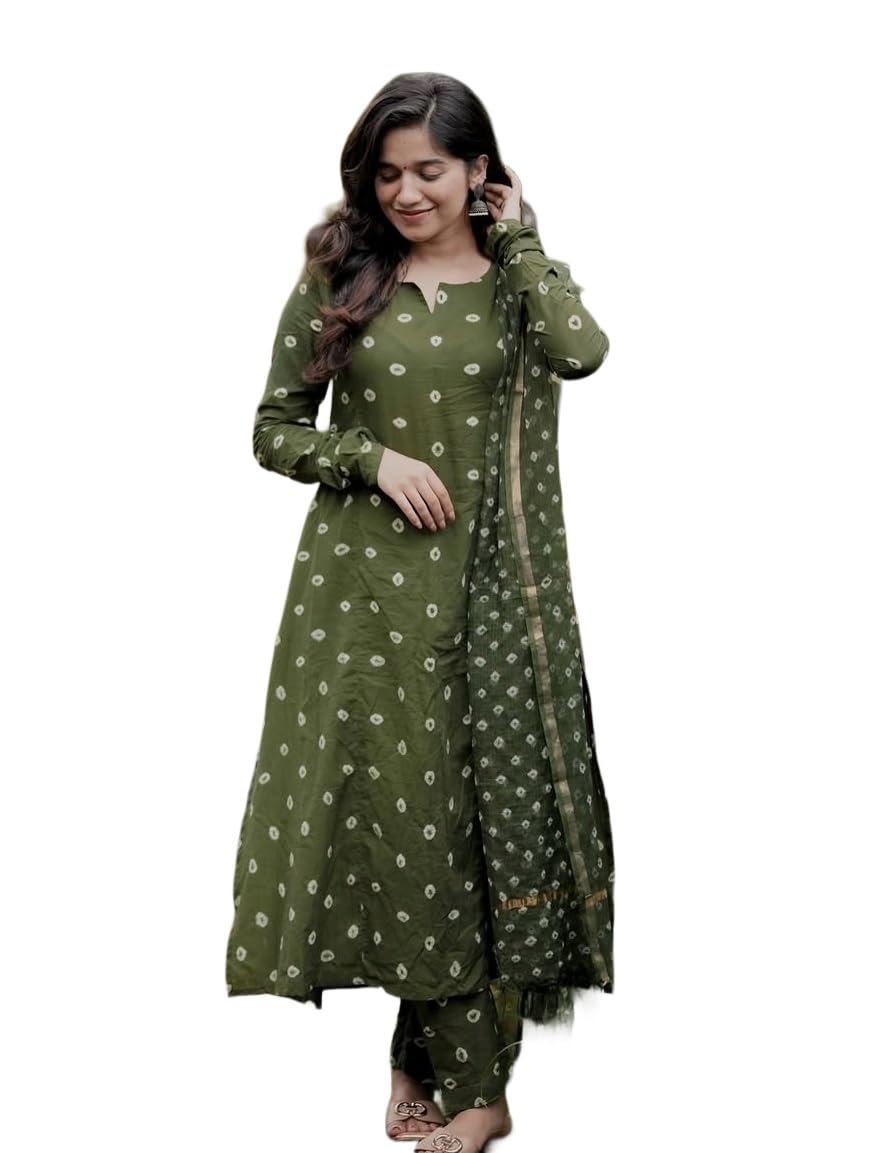 KLOSIA Women's Printed Anarkali Kurta and Pant with Dupatta Set (in, Alpha, L, Green)