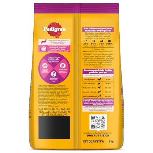 Pedigree Adult Dry Dog Food, New Chicken Biryani Flavour, 1 kg, Protein of 4 Chicken Pieces, Vitamin D3 of 6 Eggs, Calcium of 7 Cups of Yogurt, 100% Complete and Balanced Nutrition