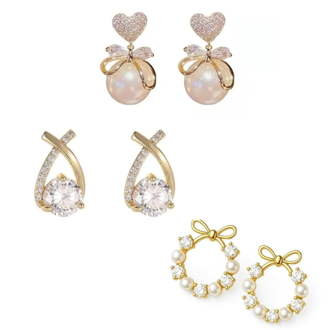 Korean Earrings Set of 3, Gold Tone, Pearl and Crystal Embellished, Heart and Bow Design, Stud Style