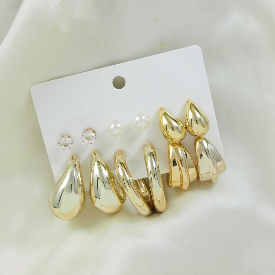 Gold Plated Earrings Set for Women & Girls | Korean Style Studs, Hoops & Drop Earrings Combo | Lightweight Stylish Western Earrings for Daily Use | Pack of 6
