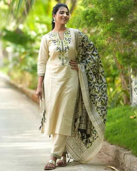 Fabyuti Women's Cotton Handloom Embroidered Kurta with Pant & Dupatta Set-GREEN_2XL