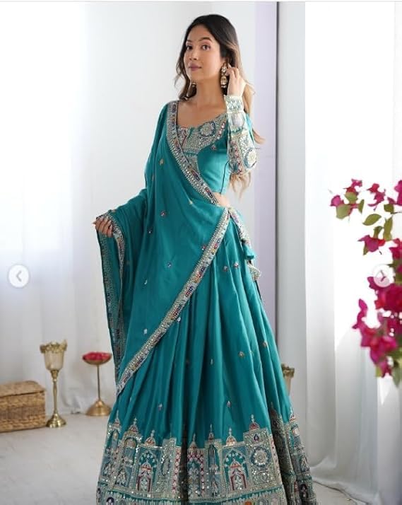 Shri Radhe Creation Women’s Semi Stitched Lehenga Choli Set With Unstitched Blouse And Designer Dupatta For Wedding, Party, Festival, Family Function Or Special Occasion (RAMA BLUE)