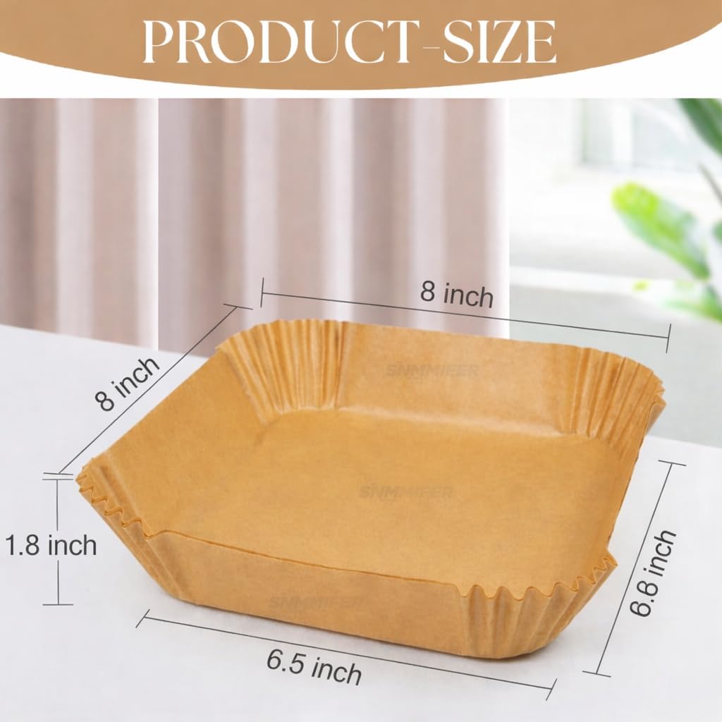 SNMMIFER Air Fryer Liners Disposable, 8 Inch Square, Unbleached Parchment Paper, Non-Stick Waterproof, for 5-8 QT Air Fryer Basket, 100 Pieces