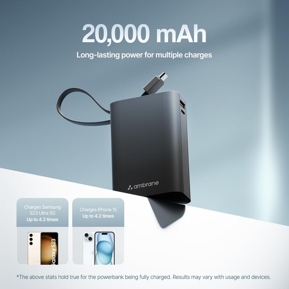 Ambrane 20000mAh Small Pocket Size Powerbank, Hanging InBuilt Type C Cable, 22.5W Fast Charging, Type C PD & USB Output for iPhone, Android Mobiles & Other Devices (MiniCharge 20, Black-Blue)